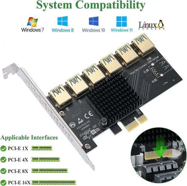 Alt view image 4 of 7 - MZHOU PCI-E 1 to 6 USB Slots Riser Card - Higher Stability USB 3.0 Adapter Multiplier Card for Bitcoin Mining Compatible with Windows Linux Mac