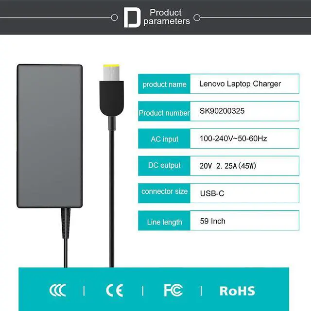 Alt view image 3 of 6 - 45w Lenovo Laptop Charger Replacement for Lenovo ThinkPad T470 T460 T450s T570 Yoga 260 T450 T470s T550 Yoga 370 Yoga 460 Yoga 11e Chromebook 11e X240 E570 E555 Yoga 11e T440p AC Adapter Power Cord