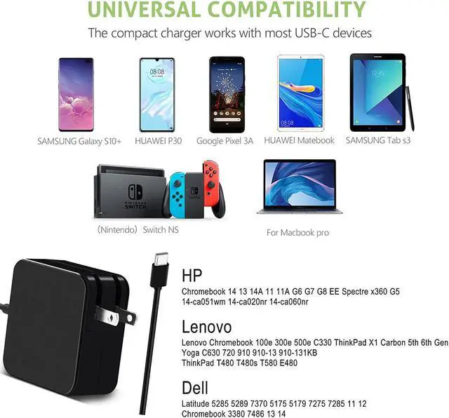 Alt view image 6 of 7 - USB C Laptop Charger 65W Power Supply for HP Type C Chromebook Charger Adapter, Compatible with HP Chromebook Spectre Elitebook X360 USB-C Series Laptop