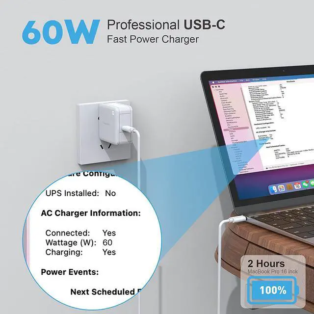 Alt view image 2 of 7 - 61W USB C Charger for Apple MacBook Pro 13/16inch and MacBook Air, Smaller Size Laptop Power Adaptor with 6ft 3A C-C Charging Cable Available to Work as Mac/MacBook Pro Charger