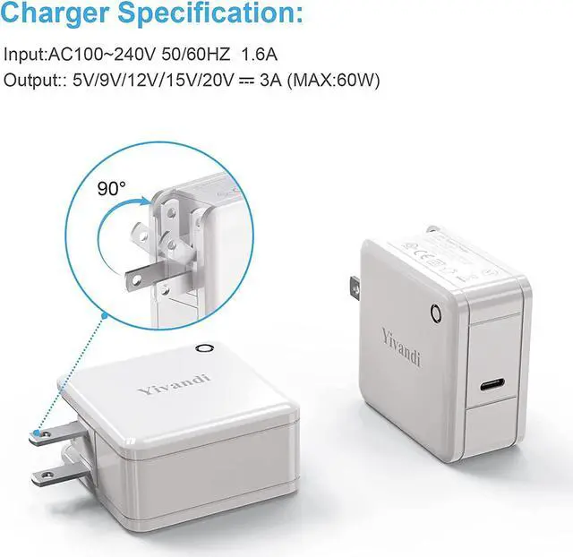 Alt view image 4 of 7 - 61W USB C Charger for Apple MacBook Pro 13/16inch and MacBook Air, Smaller Size Laptop Power Adaptor with 6ft 3A C-C Charging Cable Available to Work as Mac/MacBook Pro Charger