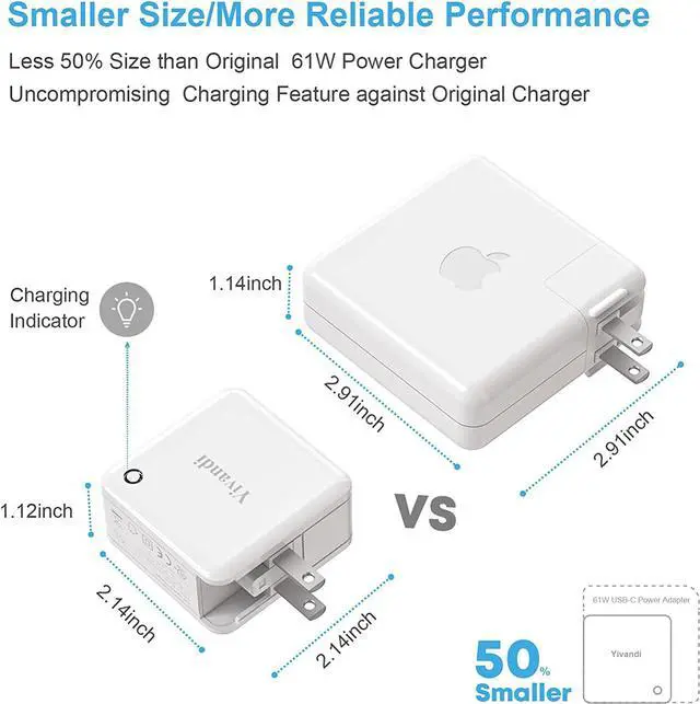 Alt view image 5 of 7 - 61W USB C Charger for Apple MacBook Pro 13/16inch and MacBook Air, Smaller Size Laptop Power Adaptor with 6ft 3A C-C Charging Cable Available to Work as Mac/MacBook Pro Charger