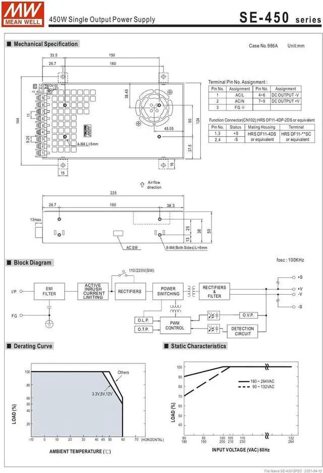 Alt view image 5 of 5 - MW Mean Well Enclosed Type SE-450W-12/15/24/3.3/36/48/5V Non-PFC SE Series 450W Single Output Power Supply (SE-450-5)
