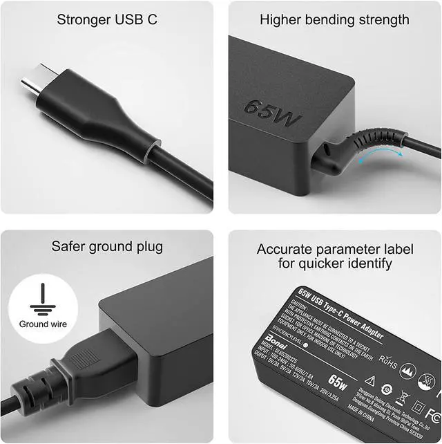 Alt view image 6 of 7 - BONAI 65W 45W USB Type C Laptop Charger, Universal USB C Laptop AC Adapter for Lenovo Yoga Thinkpad HP Chromebook 14 13 X360, Type-C Smartphone/Notebook/Tablet Charger with 3-Prone Power Supply Cord