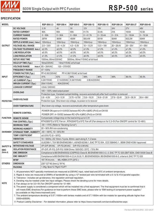 Alt view image 5 of 6 - MW Mean Well Enclosed Type RSP-500W-12/15/24/27/3.3/4/48/5V PFC RSP Series 500W Single Output with PFC Function Power Supply (RSP-500-4)