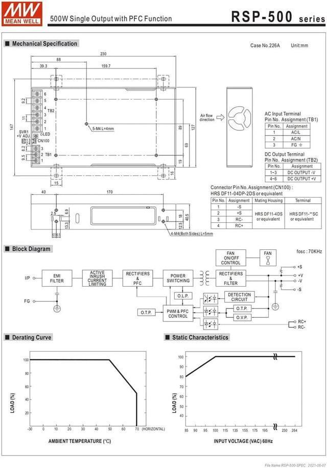 Alt view image 6 of 6 - MW Mean Well Enclosed Type RSP-500W-12/15/24/27/3.3/4/48/5V PFC RSP Series 500W Single Output with PFC Function Power Supply (RSP-500-4)