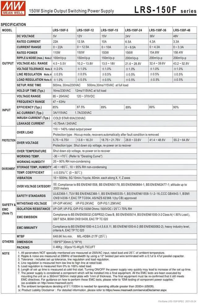 Alt view image 6 of 7 - MW Mean Well Enclosed Type LRS-150F-12/15/24/36/48/5V Non-PFC LRS Series 150W Single Output Switching Power Supply (LRS-150F-12)