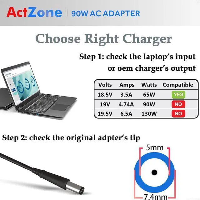 Alt view image 2 of 7 - 18.5V 3.5A 65W Ac Adapter Laptop Charger for Hp Pavilion DV7 DV6 DV5 DV4 G7 G6 DM4 G62 G72 Series Probook 430 440 450 455 G1 G2 Elitebook Folio 9470m 9480m Power Cord