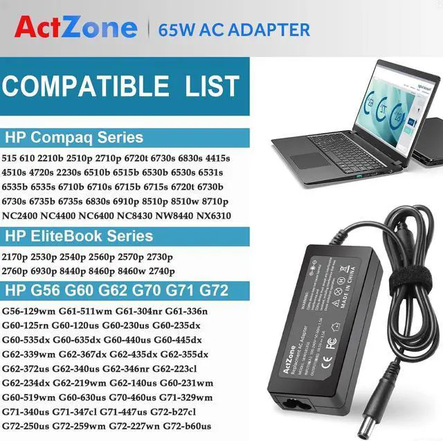 Alt view image 5 of 7 - 18.5V 3.5A 65W Ac Adapter Laptop Charger for Hp Pavilion DV7 DV6 DV5 DV4 G7 G6 DM4 G62 G72 Series Probook 430 440 450 455 G1 G2 Elitebook Folio 9470m 9480m Power Cord