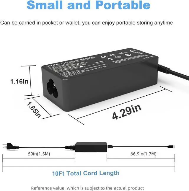 Alt view image 4 of 7 - 65W USB C Laptop Charger-Universal Replacement for Lenovo Thinkpad T480s T480 T490 T490s Chromebook 300e C330 100e 500e C340 S330 S340,HP Acer Dell Chromebook Latitude Series,Type C Power Cord Supply