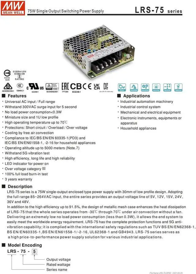 Alt view image 5 of 7 - MW Mean Well Enclosed Type LRS-75W-12/15/24/36/48/5V Non-PFC LRS Series 75W Single Output Switching Power Supply (LRS-75-15)