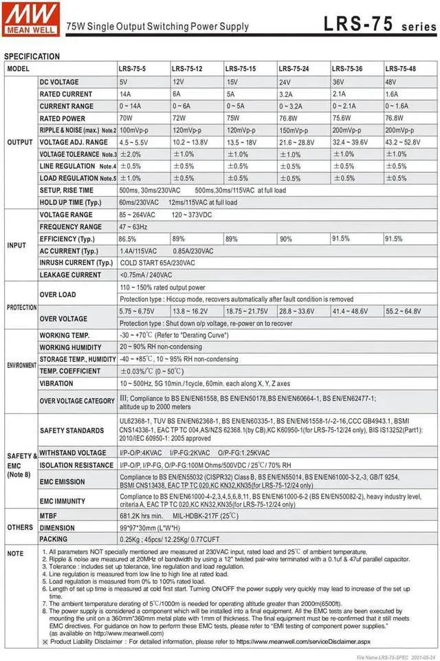 Alt view image 6 of 7 - MW Mean Well Enclosed Type LRS-75W-12/15/24/36/48/5V Non-PFC LRS Series 75W Single Output Switching Power Supply (LRS-75-15)