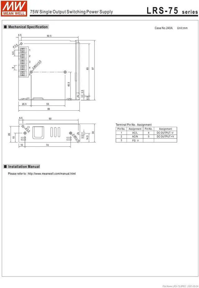 Alt view image 7 of 7 - MW Mean Well Enclosed Type LRS-75W-12/15/24/36/48/5V Non-PFC LRS Series 75W Single Output Switching Power Supply (LRS-75-15)