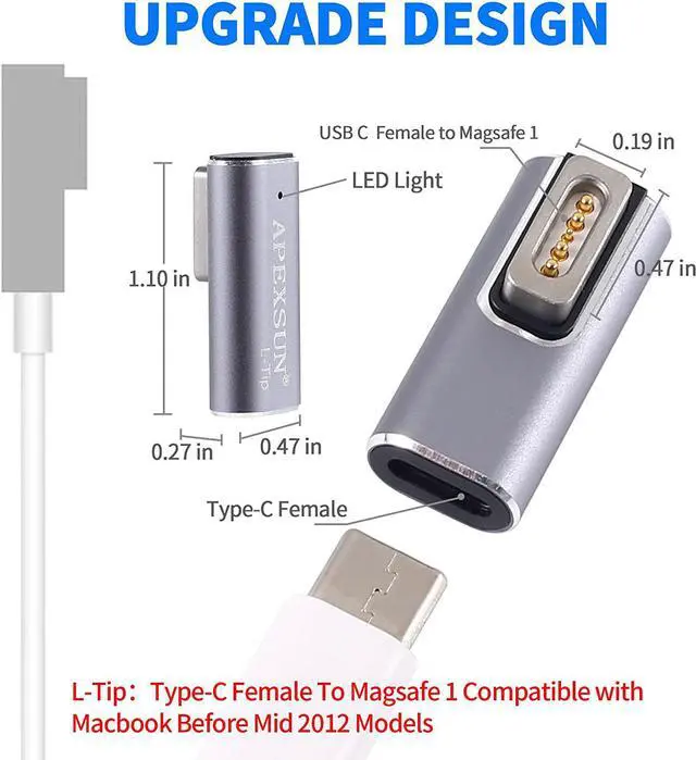 Alt view image 3 of 7 - APEXSUN Magnetic L-Tip USB C Adapter Compatible with Magnetic 1 MacBook Pro Air , Type-C PD Power Fast Charging Adapter Replacement for MacBook Power Supply,MacBook Pro Works with 100W