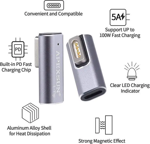 Alt view image 4 of 7 - APEXSUN Magnetic L-Tip USB C Adapter Compatible with Magnetic 1 MacBook Pro Air , Type-C PD Power Fast Charging Adapter Replacement for MacBook Power Supply,MacBook Pro Works with 100W