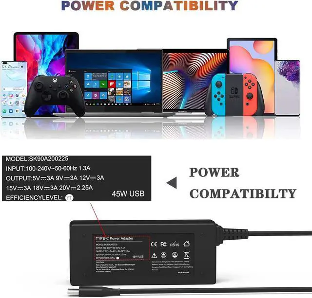 Alt view image 6 of 7 - 45W USB C Laptop Charger-for Lenovo Chromebook 100e 300e 500e C330 ThinkPad T480 T490 T495 L380 L390 L490 E490 E495 E580 E590 X280 X390 Type C Ideapad Yoga 720 C940 Replacement Power Supply Cord