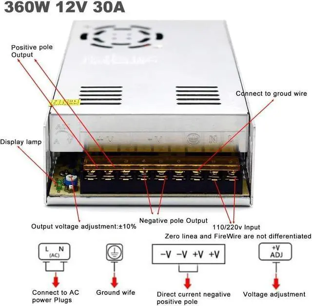 Alt view image 3 of 7 - Pomelotree 12V 30A DC Universal Regulated Switching Power Supply 360W for Computer Project, 3D Printer, CCTV, Radio, LED Lights