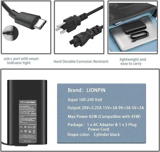 Alt view image 2 of 7 - Laptop Charger 65W Adapter for dell chromebook 3100 XPS 13 9350 7390 9370 Latitude 5420 7490 5400 7390 7420 5520 7400 2-in-1 P28T P29T LA45NM150 LA45NM121 with Type c (USB-C/USBC) Power Supply