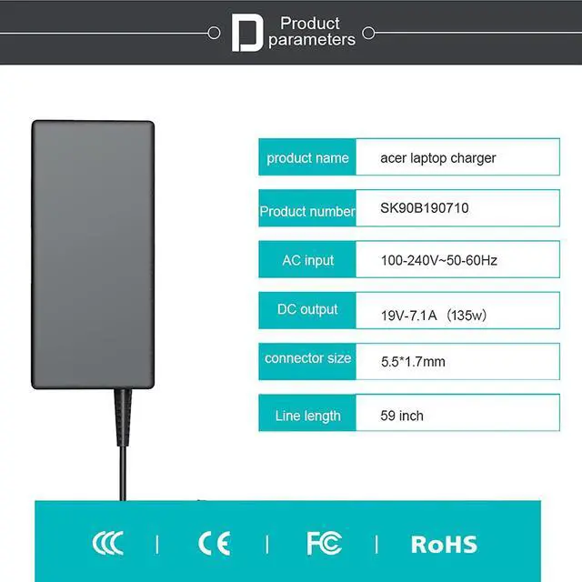 Alt view image 4 of 7 - 135W AC Charger Relacement for Acer Nitro 5 Gaming Laptop AN515-54 AN515-53 AN515-45-r837 135wrger VN7-592 VN7-592g AN5 AN515-41-f3k8 Compatible with Acer Nitro 5 Power Cord