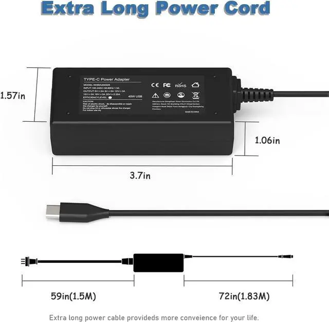 Alt view image 3 of 7 - USB-C Laptop Charger 45W for Acer Charger: Acer Chromebook Spin 311 315 CP311 CP315 CB311 CB315, Chromebook Spin 11 13 15 R13 713 714 715 C721 C732 C733 C933 USB Type C Power Cord, N16Q14 N17Q5 N18Q1