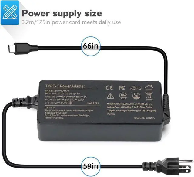 Alt view image 5 of 6 - 65W USB C Laptop Charger for HP Chromebook 14 14A X360 918337-001 844205-850 28769-001 USB Type-C Charger AC Adapter Power Supply Cord