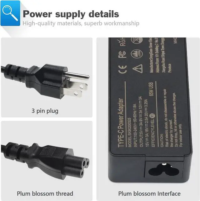 Alt view image 6 of 6 - 65W USB C Laptop Charger for HP Chromebook 14 14A X360 918337-001 844205-850 28769-001 USB Type-C Charger AC Adapter Power Supply Cord