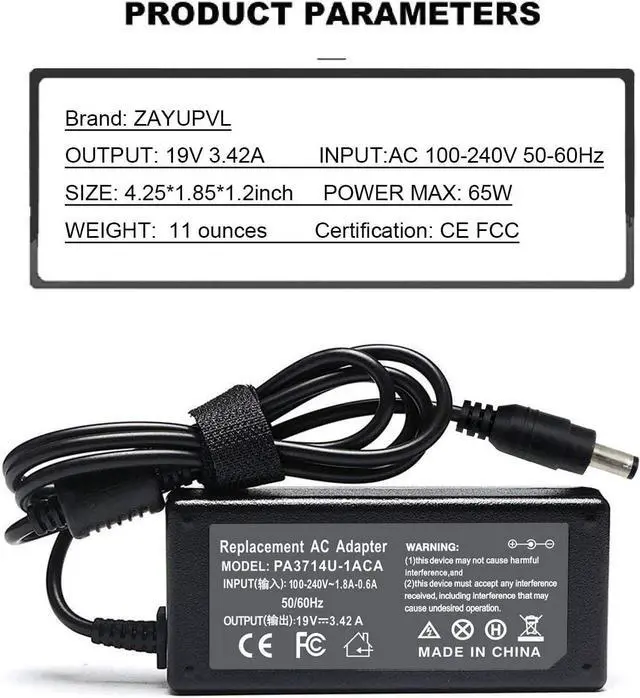 Alt view image 2 of 6 - ZAYAUPVL 19V 3.42A 65W Adapter Charger Compatible with Toshiba PA3714U-1ACA PA3822U-1ACA PA3917U-1ACA Satellite C55 C655 P875 L655 E45 C855D P845T C50 S50 S55 Power Supply Cord