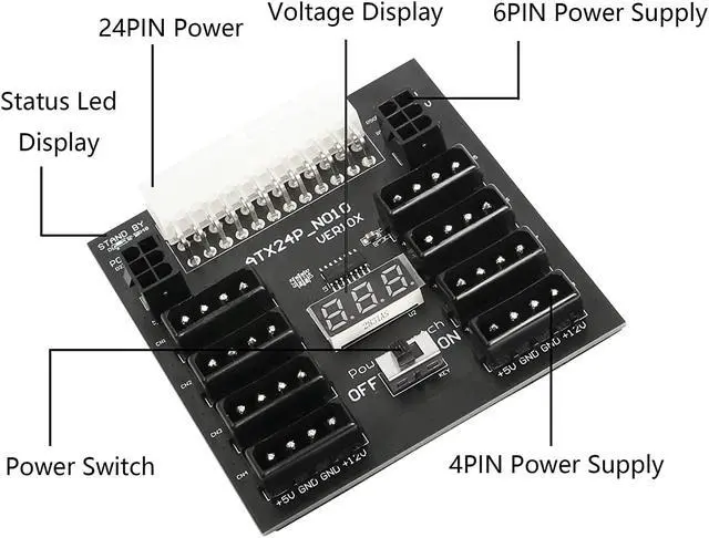 Alt view image 4 of 6 - CERRXIAN Multiple Power Supply Adapter ATX 24 pin to 8 x Molex 4Pin & 2 x 6Pin Power Board for Graphics Card