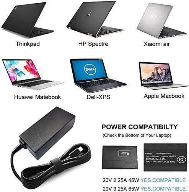 Alt view image 7 of 7 - 65W Chromebook Charger with Type USB C for Dell Chromebook 11 13 14 3380 3100 3400 5190 7486 2-in-1 P28T P29T,Dell XPS 12 12D 13 15 9370 9333 9360 9350 9365 9380 9Q33 Laptop Type C Power Supply Cord