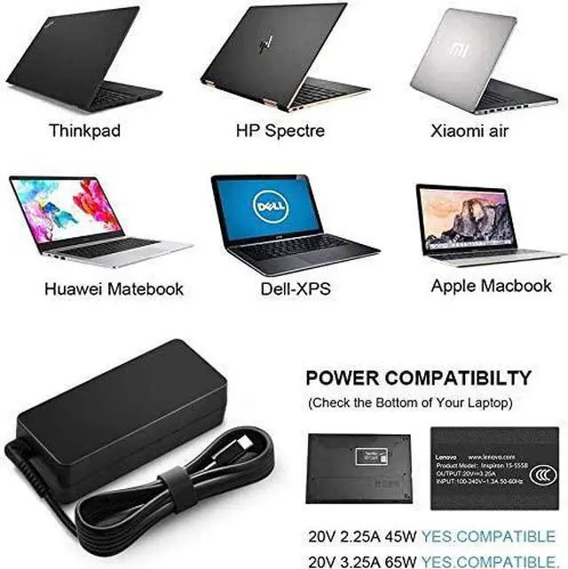 Alt view image 7 of 7 - 65W 45W USB C Type C Laptop Charger for Lenovo Chromebook 100e 300e 500e C330 S330 ThinkPad T480 T580 T480s T580s E480 E580 Yoga A485 T490S T590 C930 C940 13 IdeaPad 730s Power Supply Adapter Cord