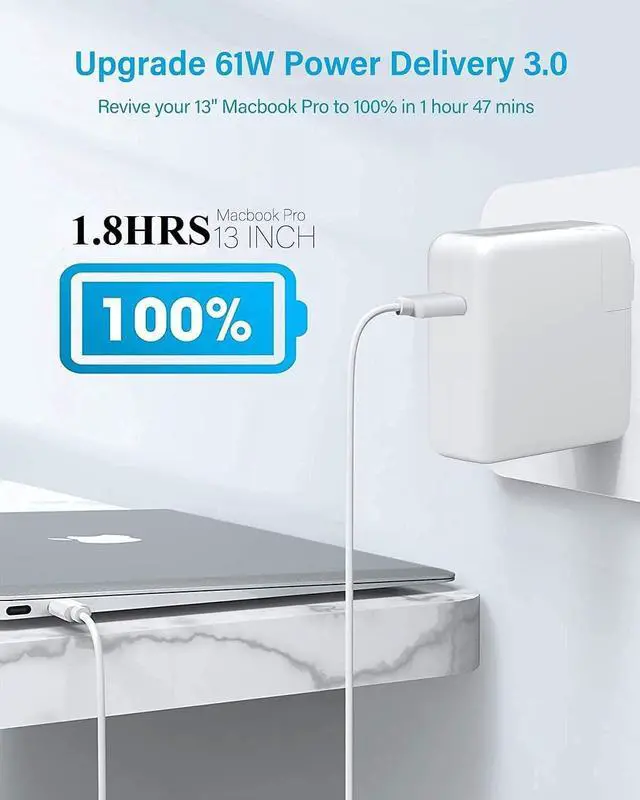 Alt view image 3 of 7 - MacBook Pro Charger, 61W USB C Charger Power Adapter Compatible with MacBook Pro 12/13/15 Inch,MacBook Air 13 inch,iPad Pro 2021/2020/2019/2018, Included [Apple MFi Certified] 6.6Ft USB C to C Cable