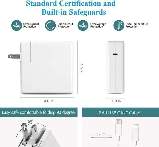 Alt view image 2 of 7 - MacBook Pro Charger, 61W USB C Charger Power Adapter Compatible with MacBook Pro 12/13/15 Inch,MacBook Air 13 inch,iPad Pro 2021/2020/2019/2018, Included [Apple MFi Certified] 6.6Ft USB C to C Cable