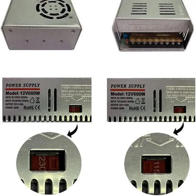 Alt view image 3 of 7 - 600W DC Power Supply, SUYOOULIN 12V 50A AC 110-264V Converter DC Adapter Universal Regulated Switching Power Supply 12V 600W LED Power Supply for LED Strip,CCTV, Radio, Computer Project (12V 50A 600W)