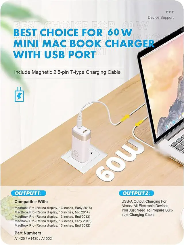 Alt view image 2 of 7 - 60W Mini Charger for MacBook Pro 13 inch with Retina Display Magnetic 2 Portable Power Adapter for MAC - After Late 2012 - One Extra USB Port Design