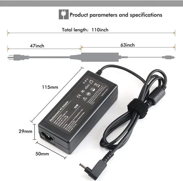 Alt view image 6 of 7 - 19V 3.42A 65W AC Adapter Charger for Acer Chromebook 11 13 14 15 CB3 CB5 CB3-111-C4HT CB3-111-C670 CB5-571 CB5-311 C720 C740