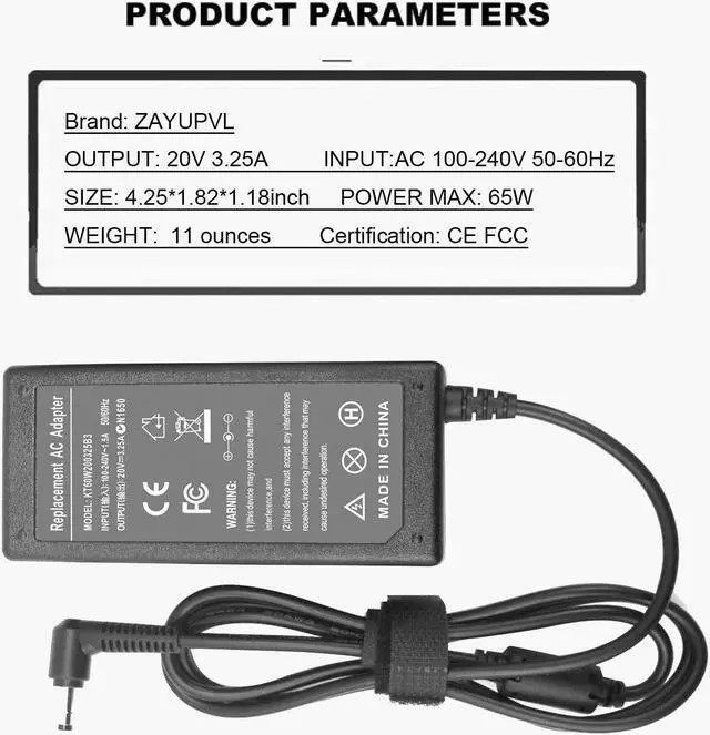 Alt view image 2 of 7 - ZAYUPVL Adapter Charger for Lenovo 20V 3.25A 65W with 4.0mm1.7mm Compatible with P/N: ADLX65CCGU2A ADLX65CDGA2A 80MH005TGE