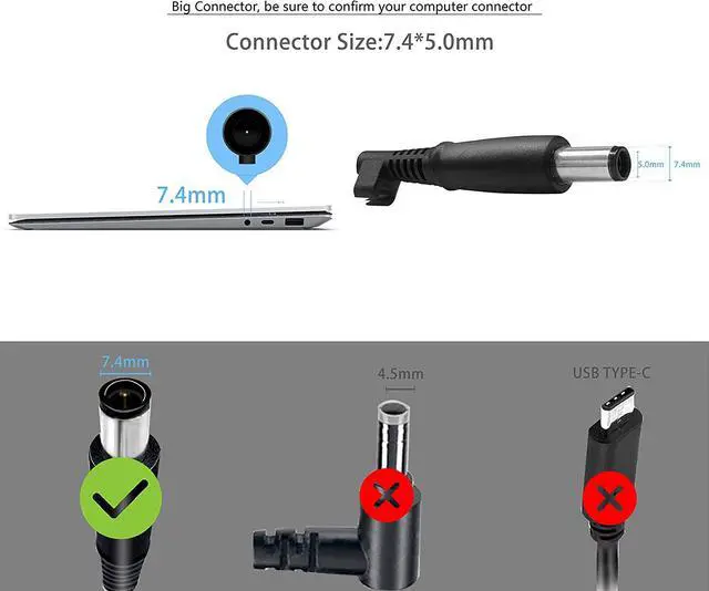 Alt view image 2 of 7 - 65W Laptop Charger Compatible with Dell Inspiron,Latitude,Vostro(LA65NS2-01/HA65NS5-00) Power Supply Adapter (DC:7.4x5.0mm).