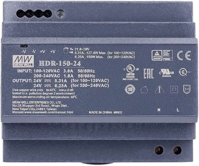 Main image of MW HDR-150W-12/15/24/48VDC Mean Well 150W Step Rail Type New Switching Power Supply (HDR-150-24)