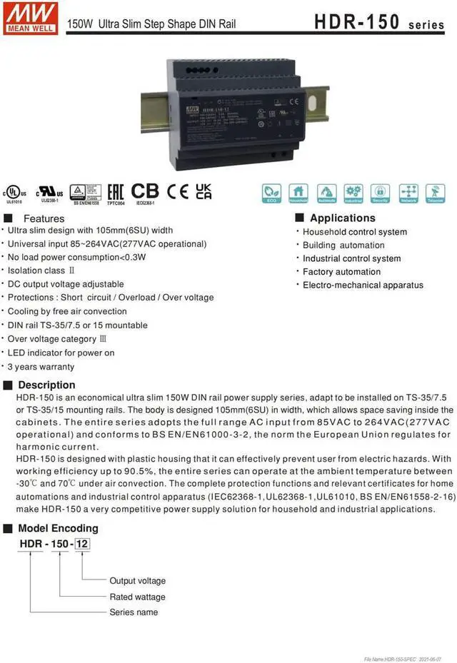 Alt view image 5 of 7 - MW HDR-150W-12/15/24/48VDC Mean Well 150W Step Rail Type New Switching Power Supply (HDR-150-15)