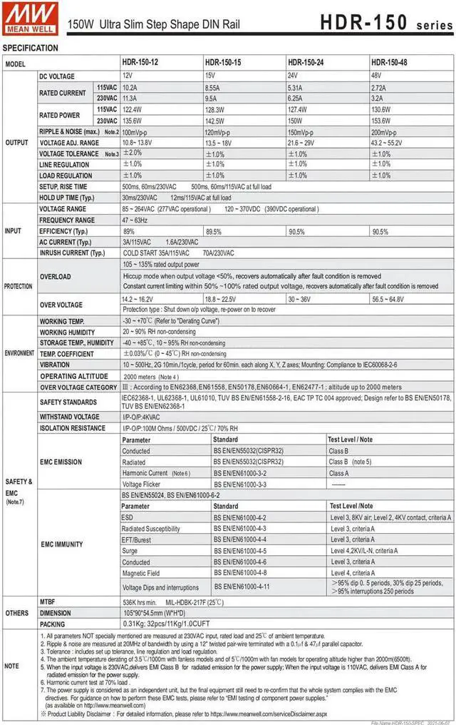 Alt view image 6 of 7 - MW HDR-150W-12/15/24/48VDC Mean Well 150W Step Rail Type New Switching Power Supply (HDR-150-15)