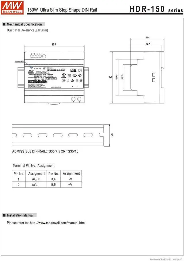 Alt view image 7 of 7 - MW HDR-150W-12/15/24/48VDC Mean Well 150W Step Rail Type New Switching Power Supply (HDR-150-15)
