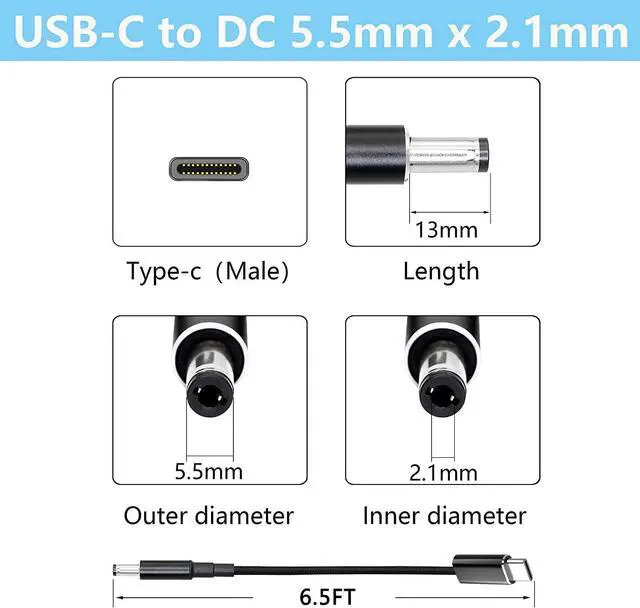 Alt view image 2 of 7 - USB C to 5.5mm Adapter Cable Braided 19V 20V 100W Power Bank Battery Pack Charging Supply Type C Male to DC 5.5 x2.1mm Barrel Converter Cord Universal for UPS ONT Router Acer Toshiba Laptop PD Charger