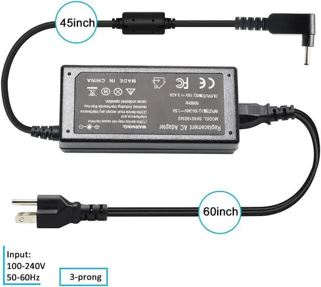 Alt view image 6 of 7 - 19V 3.42A 65W Replacement Laptop Battery Charger for Acer ChromeBook C720 C720P 11 13 14 15 R11 CB3 CB5 Series AC Adapter Power Supply Cord