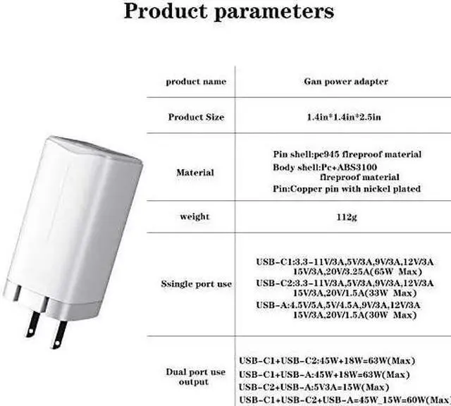 Alt view image 5 of 5 - 65W GAN Fast Charger 3 Port for MacBook, Surface, USB C Laptop, Samsung (White)
