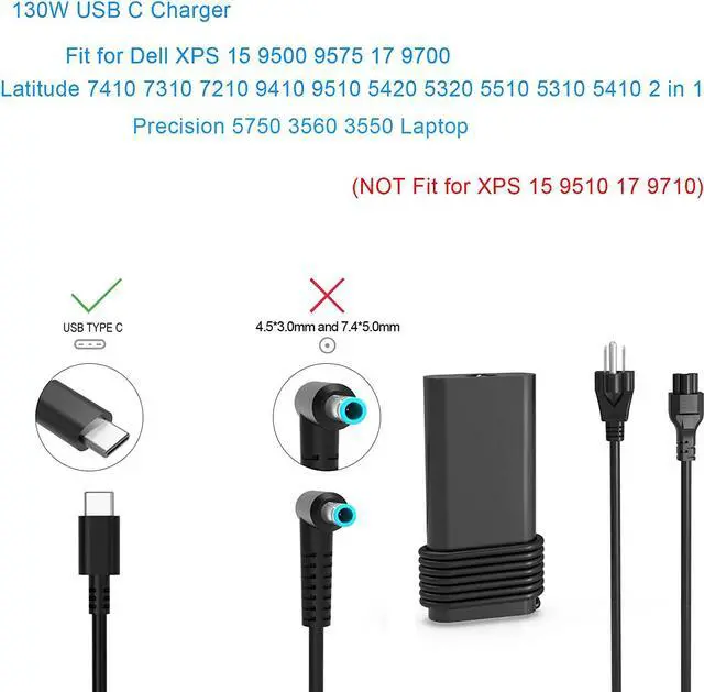 Alt view image 2 of 5 - 130W Charger Fit for Dell-XPS 15 Laptop Type Power Adapter Supply Cord