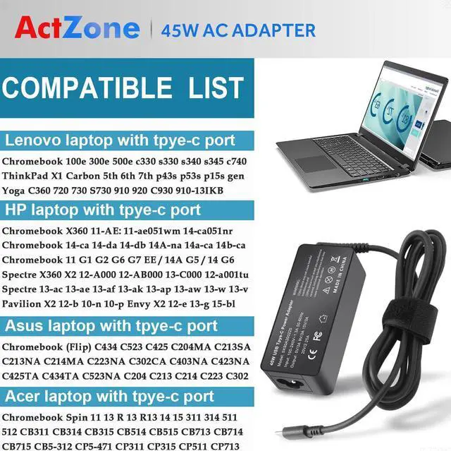 Alt view image 5 of 7 - 45W USB-C Type-C AC Adapter for HP Chromebook x360 14-ca051wm 14-ca052wm 14-ca091wm 14-ca023nr 14-ca061dx Spectre x360 13-w013dx 13-w023dx 13-w063nr, for Lenovo Acer Dell USB-C Laptop Charger