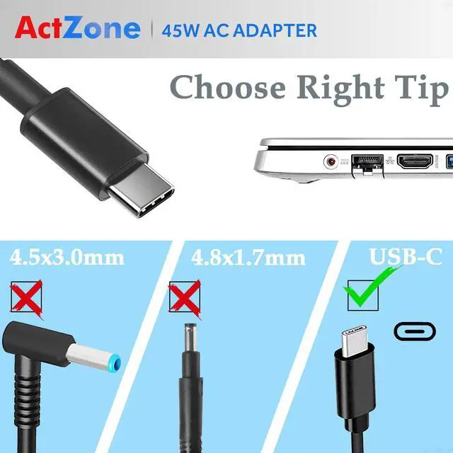 Alt view image 3 of 7 - 45W USB-C Type-C AC Adapter for HP Chromebook x360 14-ca051wm 14-ca052wm 14-ca091wm 14-ca023nr 14-ca061dx Spectre x360 13-w013dx 13-w023dx 13-w063nr, for Lenovo Acer Dell USB-C Laptop Charger