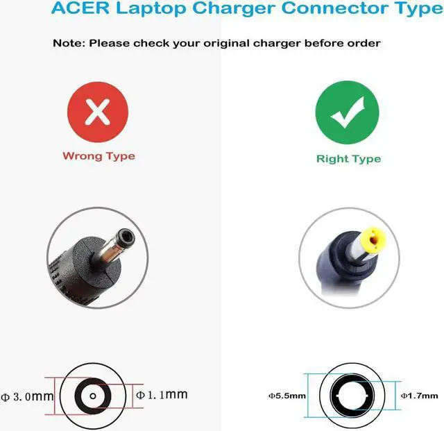 Alt view image 3 of 7 - FSKE 65W 19V 3.42A Laptop Charger for ACER Aspire E15 E13 E14 E1-571 E1-572 E5-571 F5-571 ES1-512 ES1-531 V3-571 Notebook PC Power Cord Supply Computer Charger Portable AC Adapter, 5.5x1.7mm