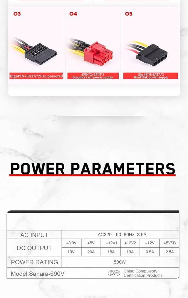 Alt view image 6 of 6 - PC Power Supply PSU Rated 500W for ATX Computer Case Gaming 120mm Fan 20/24PIN 12V Desktop Source