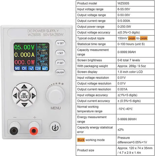 Alt view image 3 of 7 - Regulated Power Supply DC6-55V to DC0-50V 250W 5A Adjustable Switching Control with 4?Digit LCD Display WZ5005